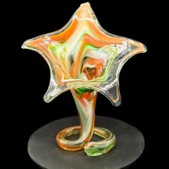 Vintage MCM Hand Blown Art Glass Green Orange Trumpet Flower Vase Decor 9 X 8 - Picture 6 of 6
